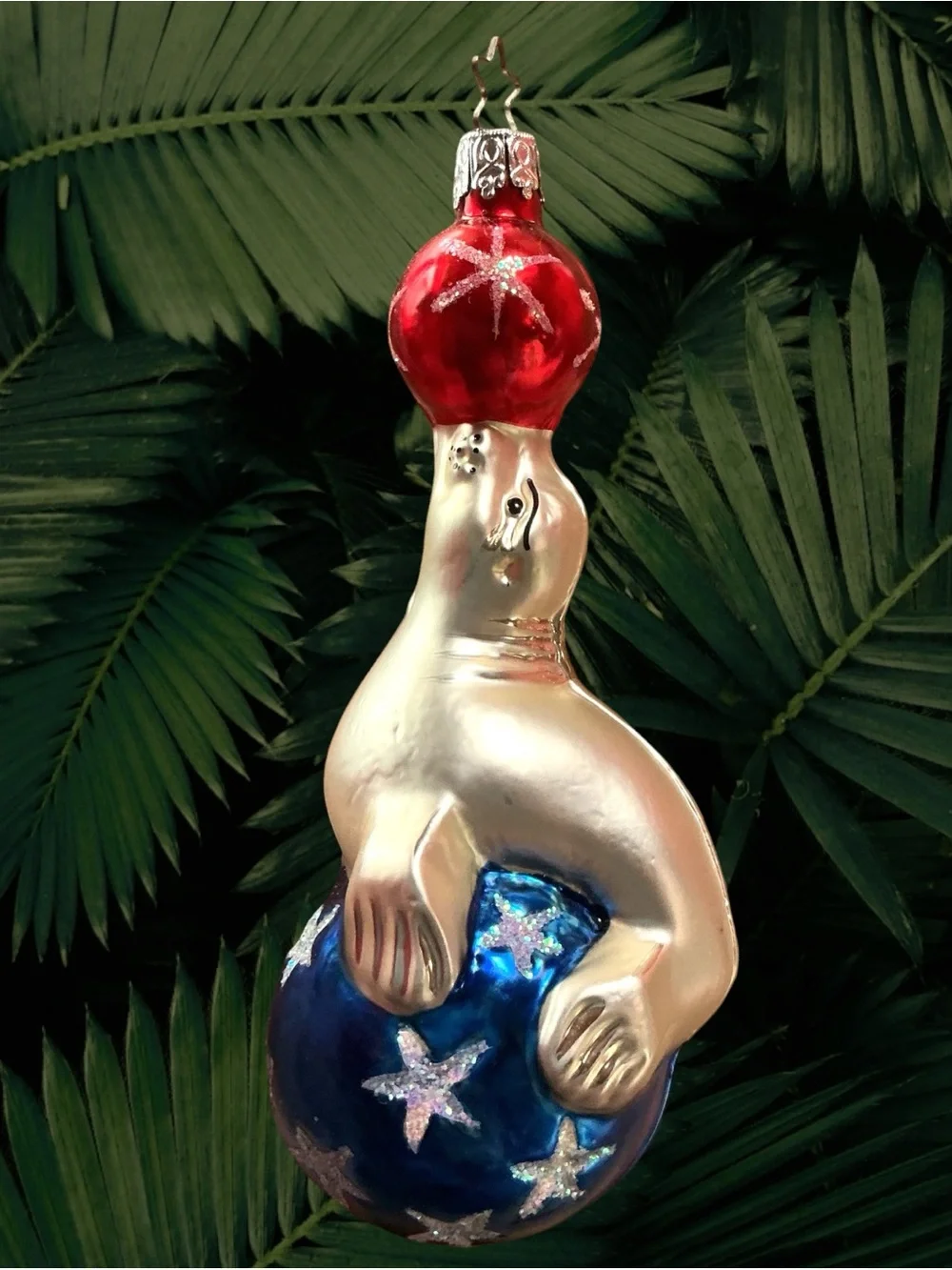 VTG German Mercury Glass Circus Seal Ornament Mica Trim Hand Painted Glitter